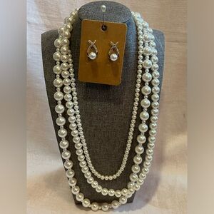 SPG Triple Strand Adjustable Pearl Necklace with Matching Earrings.